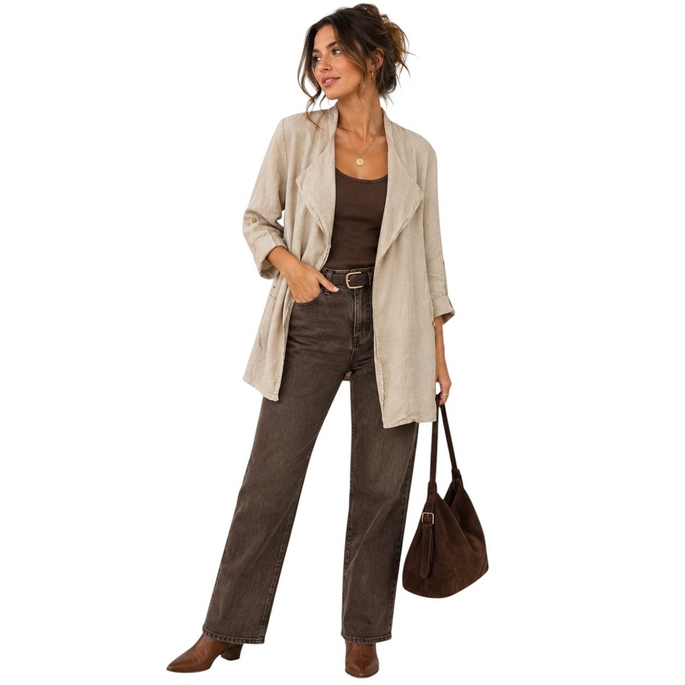 Coastal Tan Linen Open Front Roll Tab Jacket Alessia Pacini L